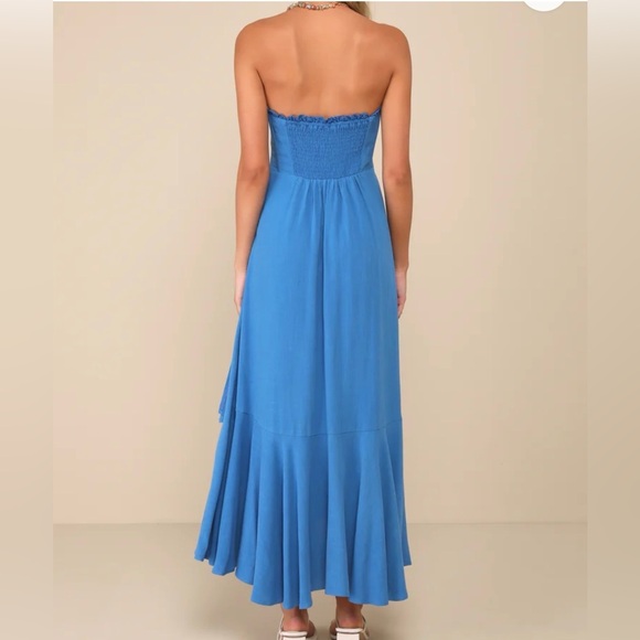 LULU’S Gorgeous Event Bright Blue Linen Strapless Ruffled Midi Dress SZ MED - Picture 4 of 9